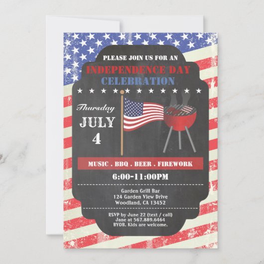 レトロ独立記念日の黒板招待状。7月4日 招待状 (正面)