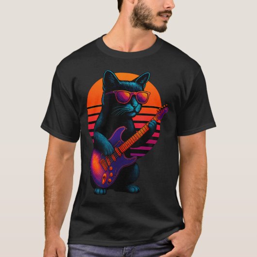 レトロ猫のエレキギター ロック演奏 Tシャツ (正面)