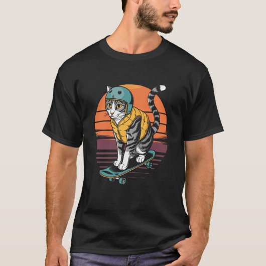 レトロ猫のスケボー Tシャツ (正面)
