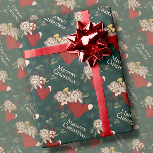 レトロ猫のストッキングムウィーのクリスマスヴィンテージ ラッピングペーパー