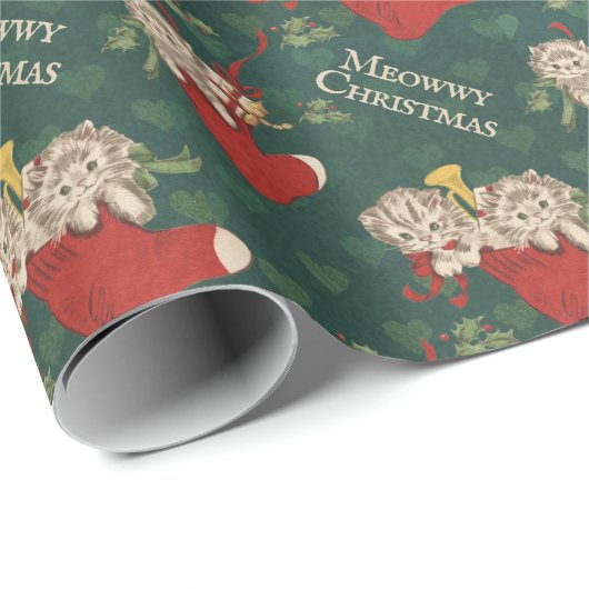 レトロ猫のストッキングムウィーのクリスマスヴィンテージ ラッピングペーパー (ロールコーナー)