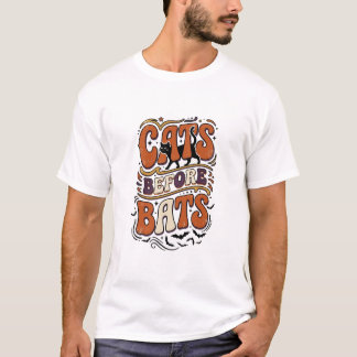 レトロ猫のバットより猫 タイポグラフィ ブラックハロウィン Tシャツ