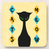 レトロ猫の猫の鳴き声の中間世紀モダンの黄色 コースター (正面)