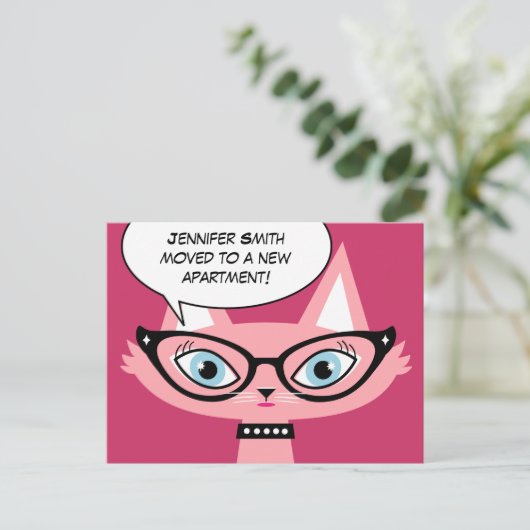 レトロ猫マンガ「引越し」新しい住所はがき 案内ポストカード (スタンド正面)