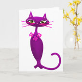 レトロ猫ミッドセンチュリーかわいい紫ガーリーがかったピンク カード (黄色い花)