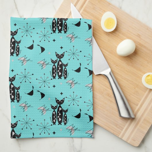 レトロ猫原子スターバストモダンミッドセンチュリーキット キッチンタオル (四つ折り)