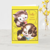 レトロ猫及び犬誕生日グリーティングカード カード (黄色い花)
