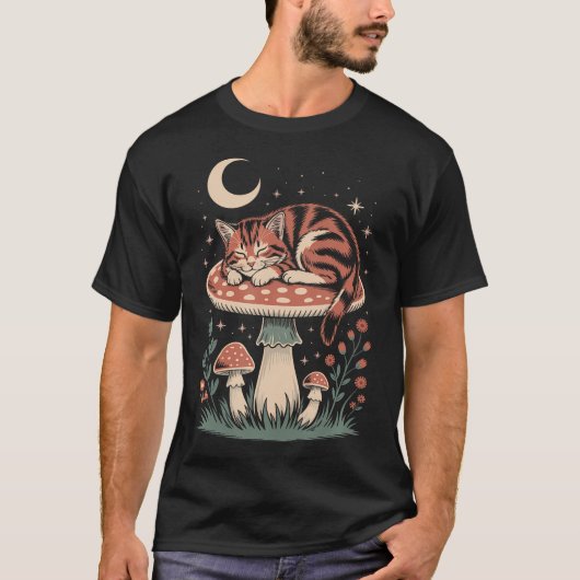 レトロ猫好きビンテージキノコ菌類自然 Tシャツ (正面)