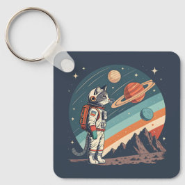 レトロ猫宇宙飛行士コズミックスペースイラスト キーホルダー