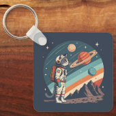 レトロ猫宇宙飛行士コズミックスペースイラスト キーホルダー (正面)