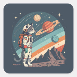 レトロ猫宇宙飛行士コズミックスペースイラスト スクエアシール