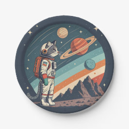 レトロ猫宇宙飛行士コズミックスペースイラスト ペーパープレート