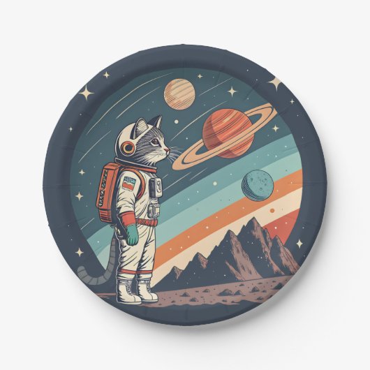 レトロ猫宇宙飛行士コズミックスペースイラスト ペーパープレート (正面)