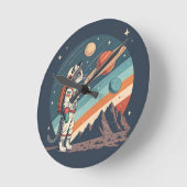 レトロ猫宇宙飛行士コズミックスペースイラスト ラウンド壁時計 (傾斜)