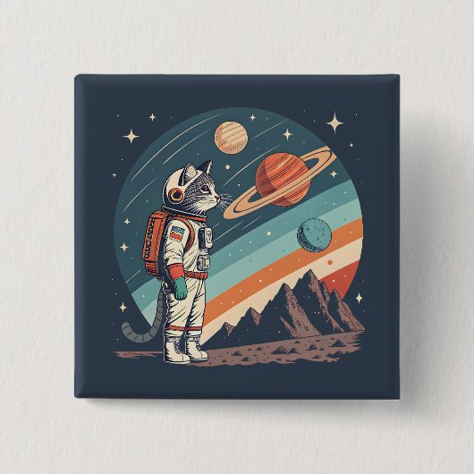 レトロ猫宇宙飛行士コズミックスペースイラスト 缶バッジ (正面)