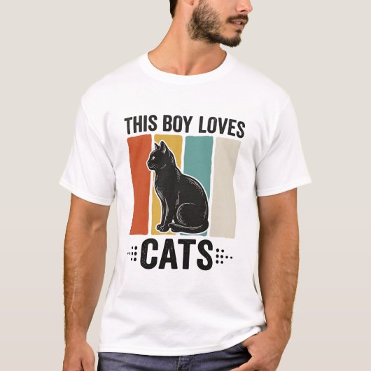 レトロ猫愛好家デザイン この少年は猫が好き_1 Tシャツ (正面)