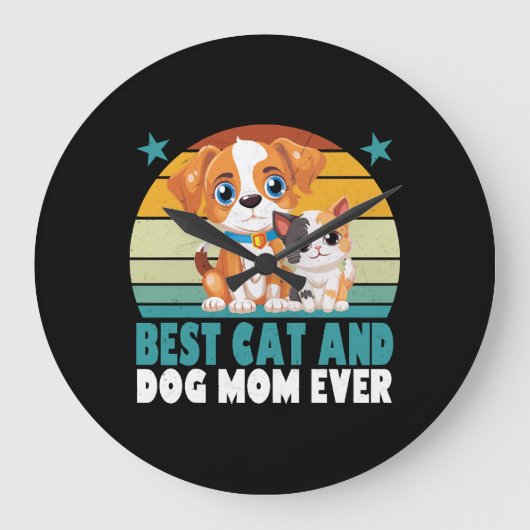 レトロ猫犬ママ猫ママフルマパピー子猫モト ラージ壁時計 (正面)