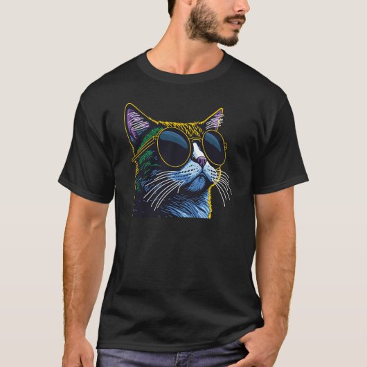 レトロ猫:黄色いメガネのチャーム Tシャツ (正面)