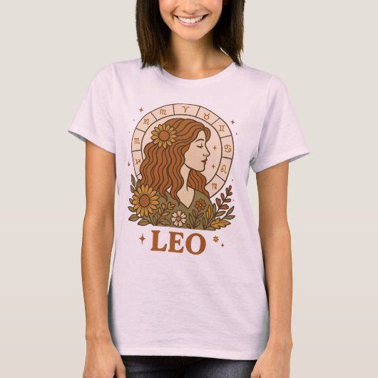 レトロ獅子座 星座 ボホ フラワー 占星術 Tシャツ (正面)
