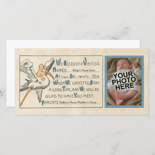 レトロ男の赤ちゃん&ストーク両親の誕生のお知らせ 案内状 (正面/裏面)
