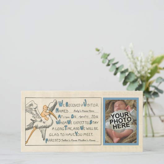 レトロ男の赤ちゃん&ストーク両親の誕生のお知らせ 案内状 (スタンド正面)