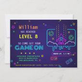 レトロ発光ネオンアーケードビデオゲーム少年 誕生日 招待状 (正面)