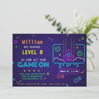 レトロ発光ネオンアーケードビデオゲーム少年 誕生日 招待状