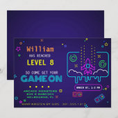 レトロ発光ネオンアーケードビデオゲーム少年 誕生日 招待状 (正面/裏面)