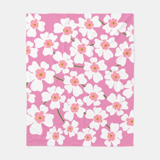 レトロ白とピンクの花の美的模様 フリースブランケット (正面)