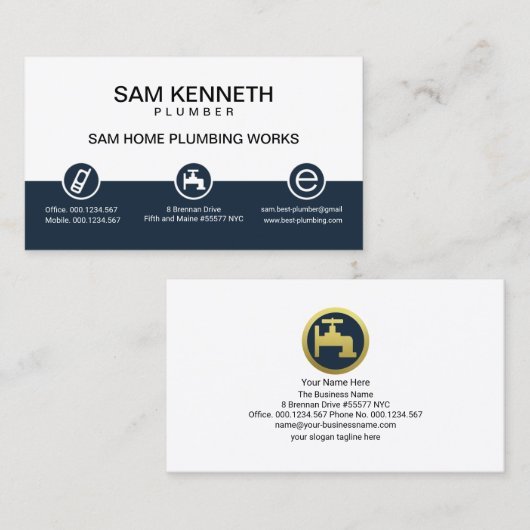 レトロ白の青い柱給排水衛生設備配管アイコンボタン 名刺 (正面/裏面)