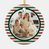 レトロ白ストライプ人家族の写真メリークリスマス セラミックオーナメント (正面)
