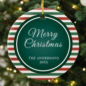 レトロ白ストライプ人家族の写真メリークリスマス セラミックオーナメント