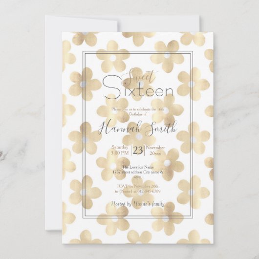 レトロ白金ゴールドデイジー花 招待状 (正面)