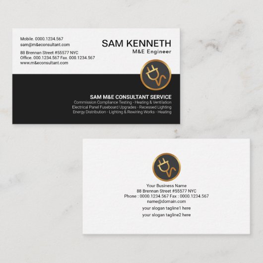 レトロ白黒の列金ゴールド電源プラグエンジニア 名刺 (正面/裏面)