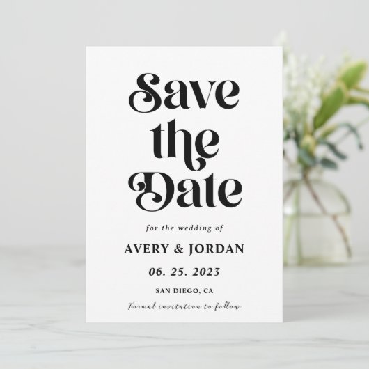 レトロ白黒の結婚式の日付を保存 招待状 (スタンド正面)