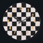 レトロ白黒チェックチェッカーボードパターン   ラージ壁時計<br><div class="desc">新しカッコいいいパタ市松模様にーンのデザインモダン、住宅、リビングルーム、子供部屋ルーム、キッズルームのインテリア設計デコ。市松模様にカラフルカーテン敷物ケース70市松模様にsおよび60sトレンドデザインアイディア。白黒市松模様に</div>