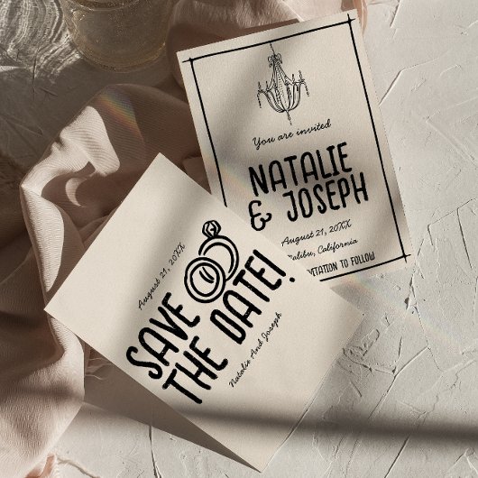 レトロ白黒ハンドドロー予測できなドユニーク結婚ズ セーブザデート