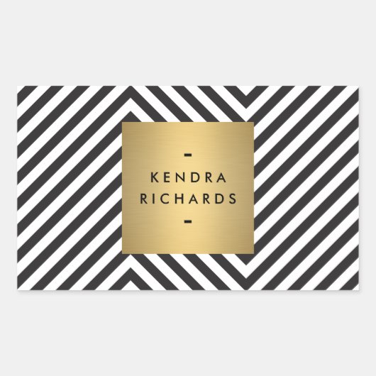 レトロ白黒パターン金ゴールド名シール 長方形シール (正面)