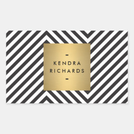 レトロ白黒パターン金ゴールド名シール 長方形シール