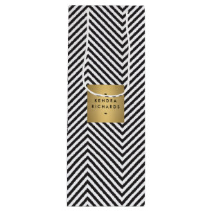 レトロ白黒パターン金ゴールド名ロゴワイン ワインギフトバッグ