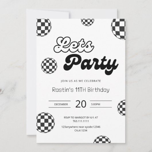 レトロ白黒パター市松模様にン誕生日 招待状 (正面)