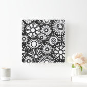 レトロ白黒フラワーズウォールクロック スクエア壁時計 (ホーム)