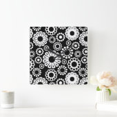 レトロ白黒フラワーズウォールクロック スクエア壁時計 (ホーム)