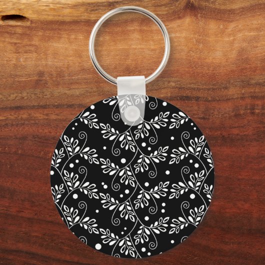 レトロ白黒フローラキーチェーン キーホルダー (正面)