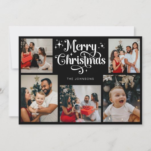 レトロ白黒メリークリスマスファミリーフォト シーズンカード (正面)