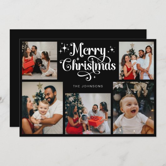 レトロ白黒メリークリスマスファミリーフォト シーズンカード (正面/裏面)