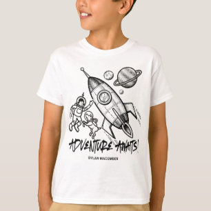 レトロ白黒宇宙ロケット宇宙飛行士 Tシャツ