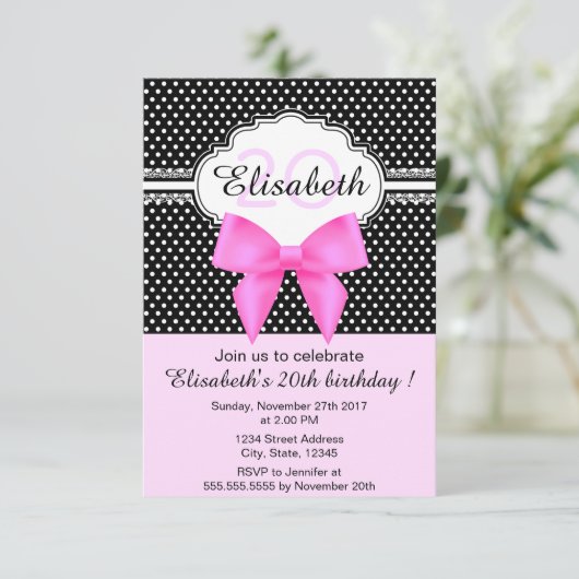 レトロ白黒水玉模様ピンクガーリー誕生日 招待状 (スタンド正面)