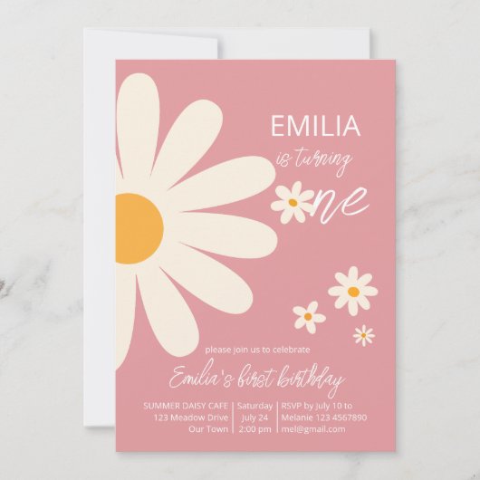 レトロ砂漠デイジー1st誕生日パーティーほこりっぽいピンク 招待状 (正面)