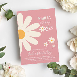 レトロ砂漠デイジー1st誕生日パーティーほこりっぽいピンク 招待状